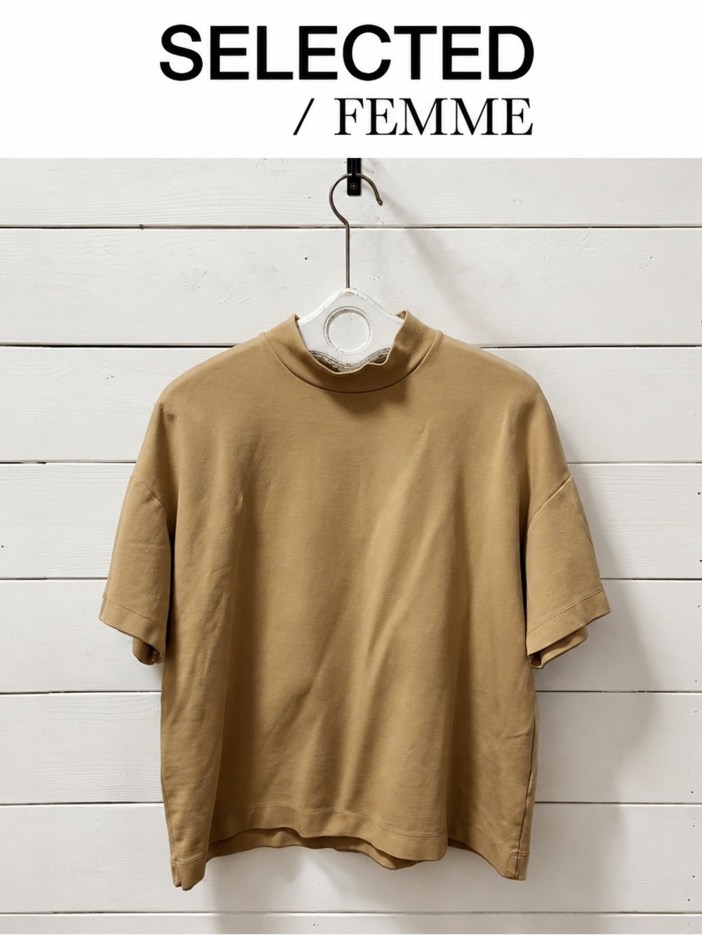 Selected Femme Camel Boxy Mock-Neck Top – Size Large